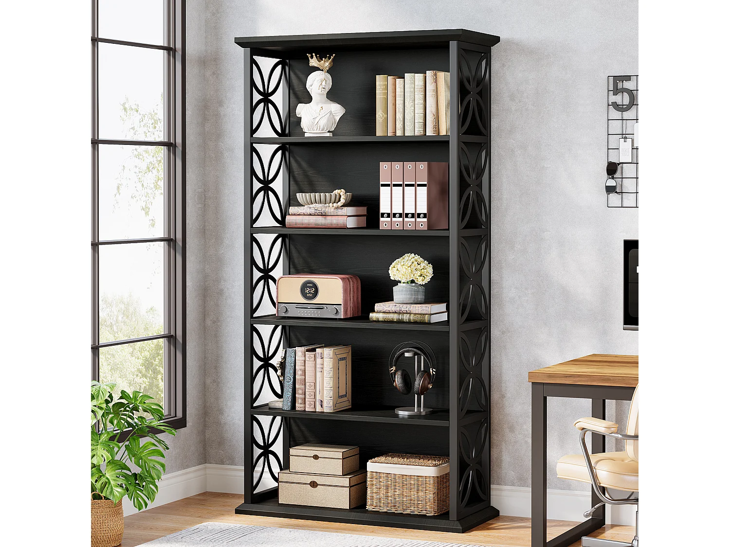 Bibliothèque haute à 6 niveaux, 180 cm, noire, avec structure en métal, étagères de rangement ouvertes autoportantes