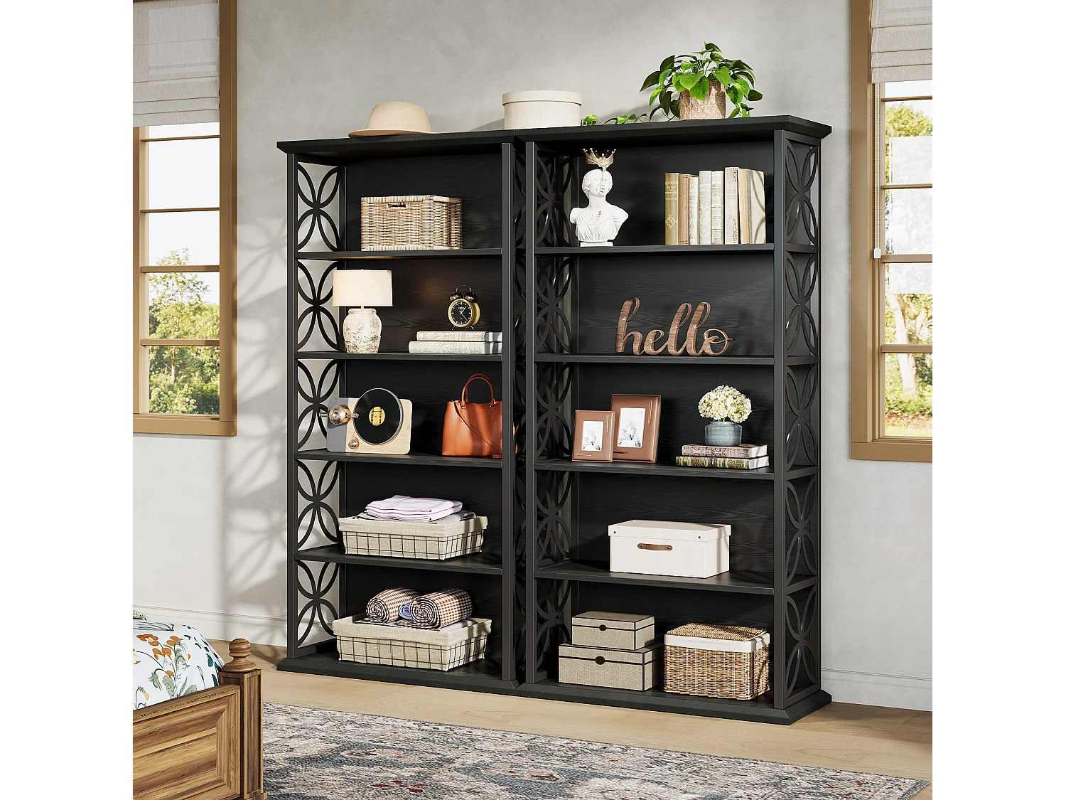 Bibliothèque haute à 6 niveaux, 180 cm, noire, avec structure en métal, étagères de rangement ouvertes autoportantes