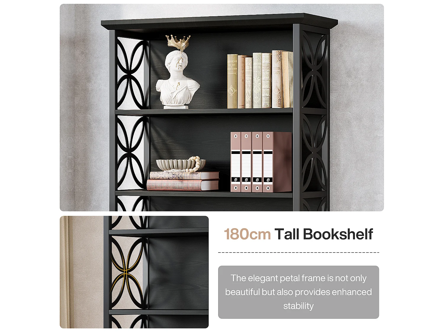 Bibliothèque haute à 6 niveaux, 180 cm, noire, avec structure en métal, étagères de rangement ouvertes autoportantes