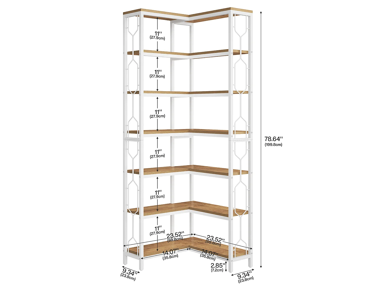 Hoekplank met 6 niveaus, 200 cm hoge boekenplank met opbergruimte, hoekboekenplank en boekenkast