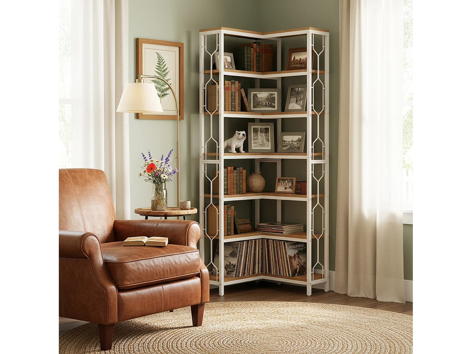 Hoekplank met 6 niveaus, 200 cm hoge boekenplank met opbergruimte, hoekboekenplank en boekenkast
