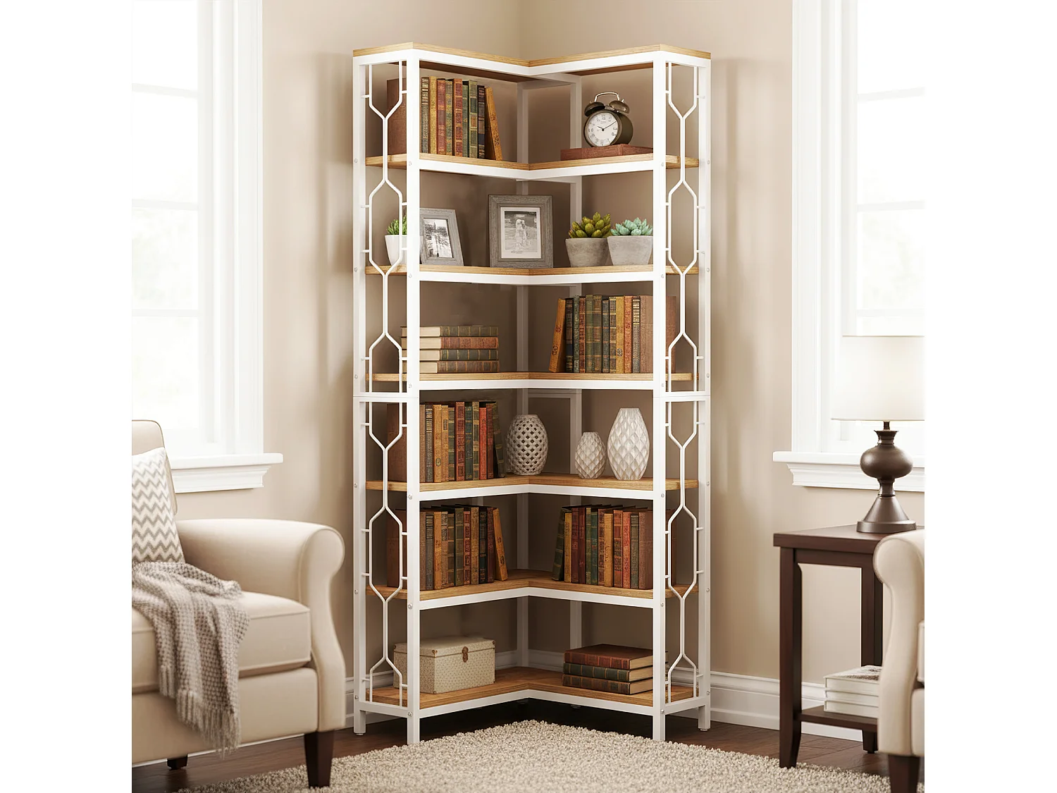 Hoekplank met 6 niveaus, 200 cm hoge boekenplank met opbergruimte, hoekboekenplank en boekenkast