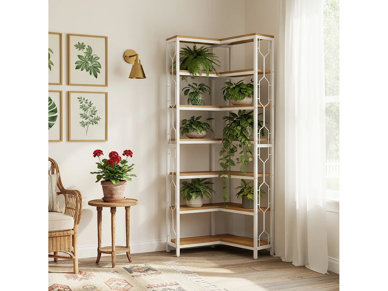 Hoekplank met 6 niveaus, 200 cm hoge boekenplank met opbergruimte, hoekboekenplank en boekenkast