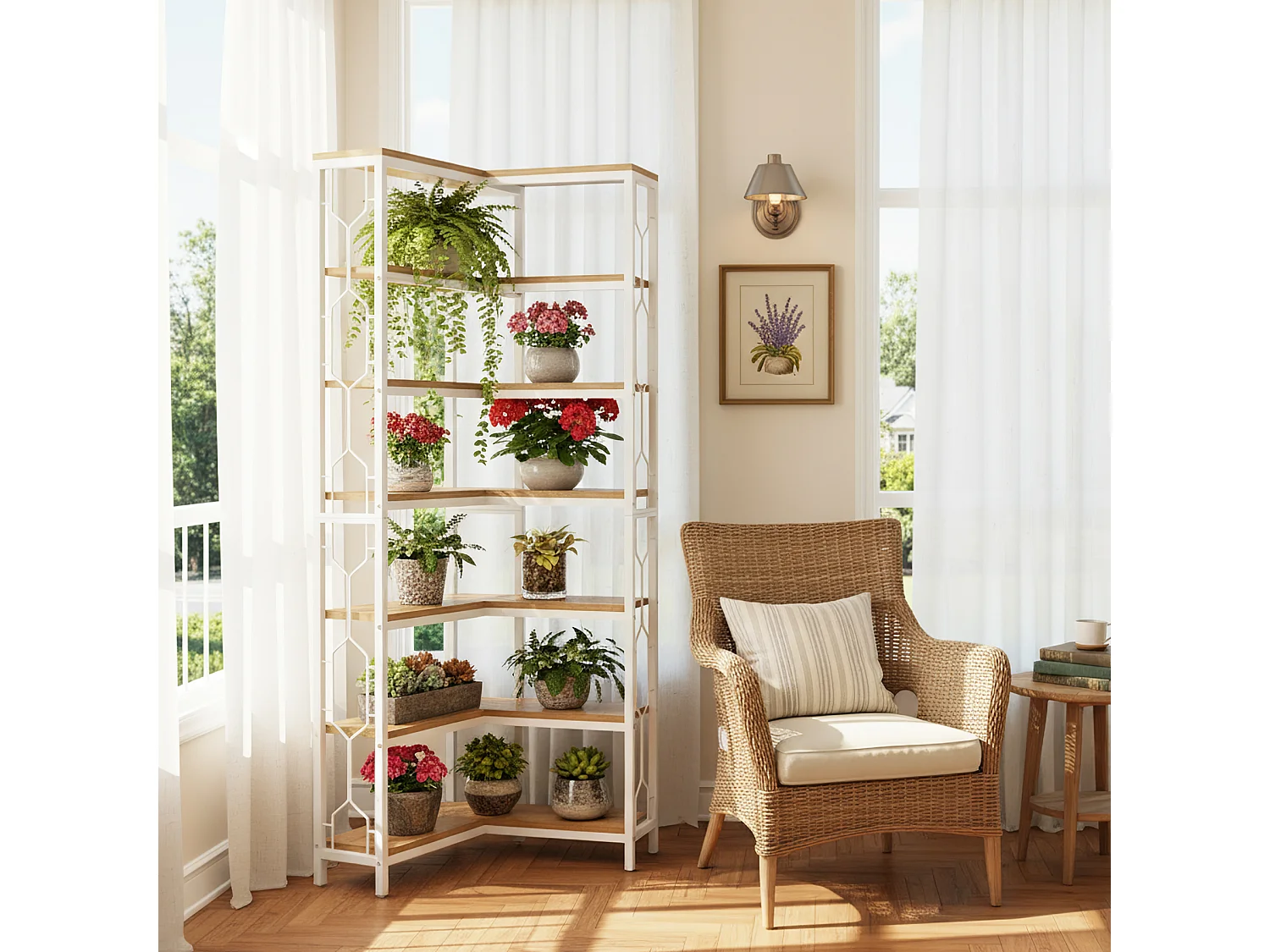 Hoekplank met 6 niveaus, 200 cm hoge boekenplank met opbergruimte, hoekboekenplank en boekenkast