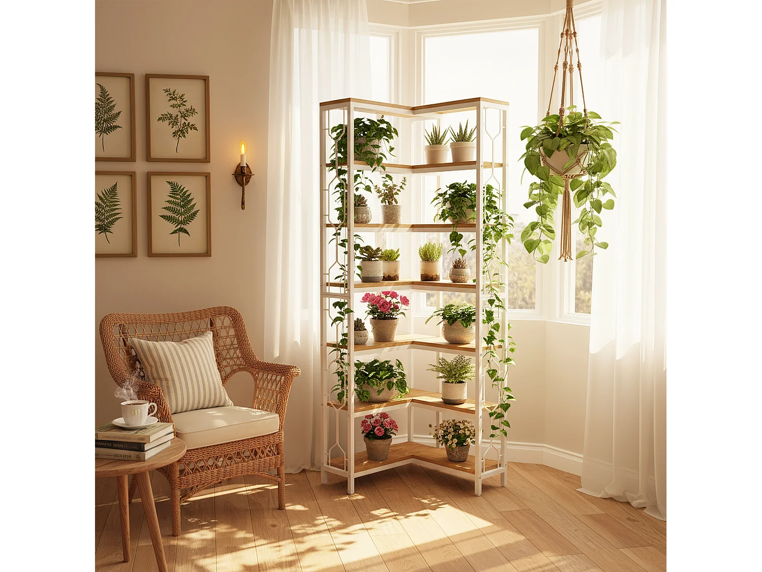 Hoekplank met 6 niveaus, 200 cm hoge boekenplank met opbergruimte, hoekboekenplank en boekenkast