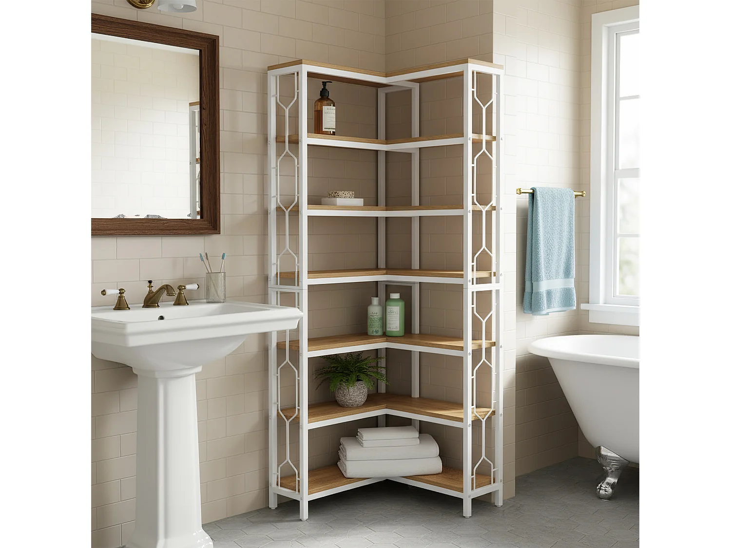 Hoekplank met 6 niveaus, 200 cm hoge boekenplank met opbergruimte, hoekboekenplank en boekenkast