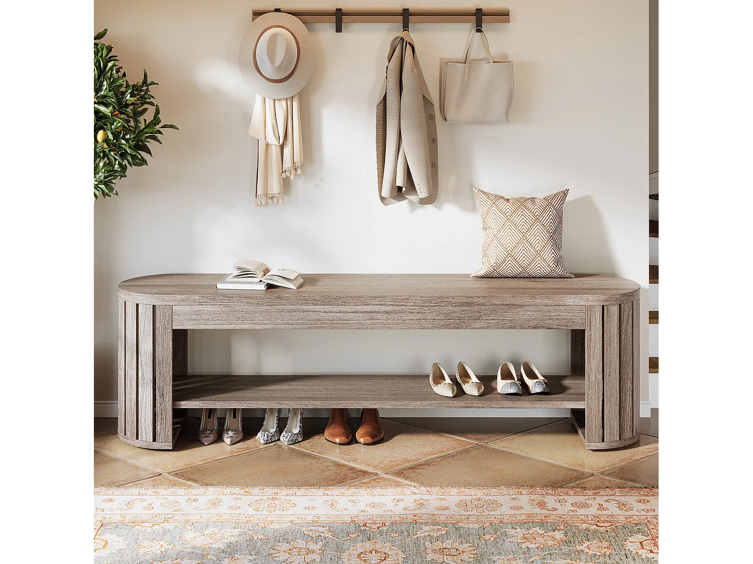 Banc De Rangement Pour Chaussures 160 Cm, Banc D'entrée étroit En Bois à 2 Niveaux, Gris
