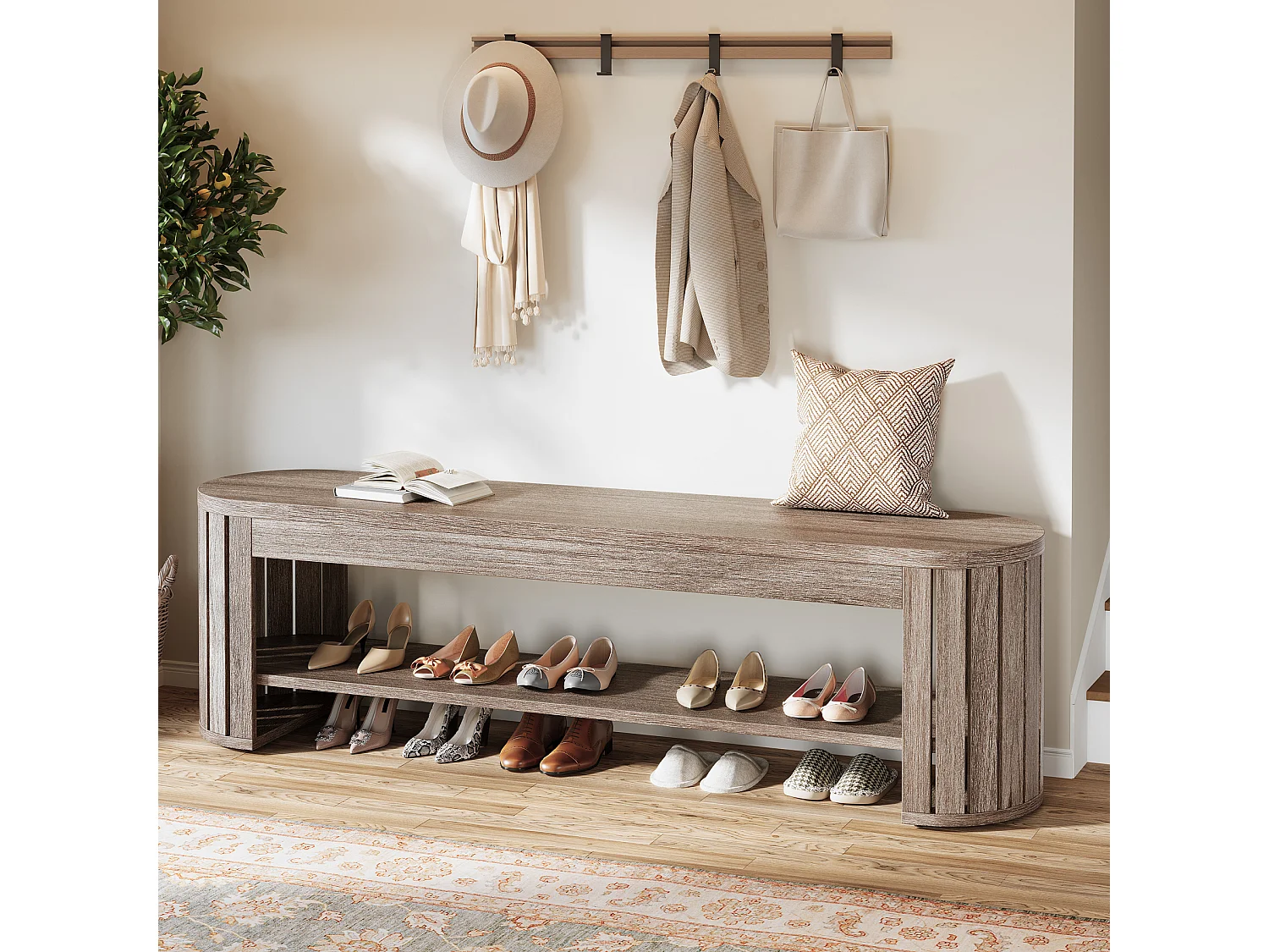 Banc De Rangement Pour Chaussures 160 Cm, Banc D'entrée étroit En Bois à 2 Niveaux, Gris