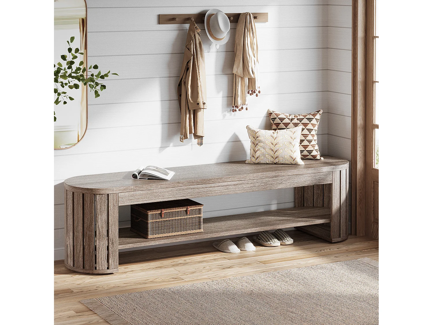 Banc De Rangement Pour Chaussures 160 Cm, Banc D'entrée étroit En Bois à 2 Niveaux, Gris