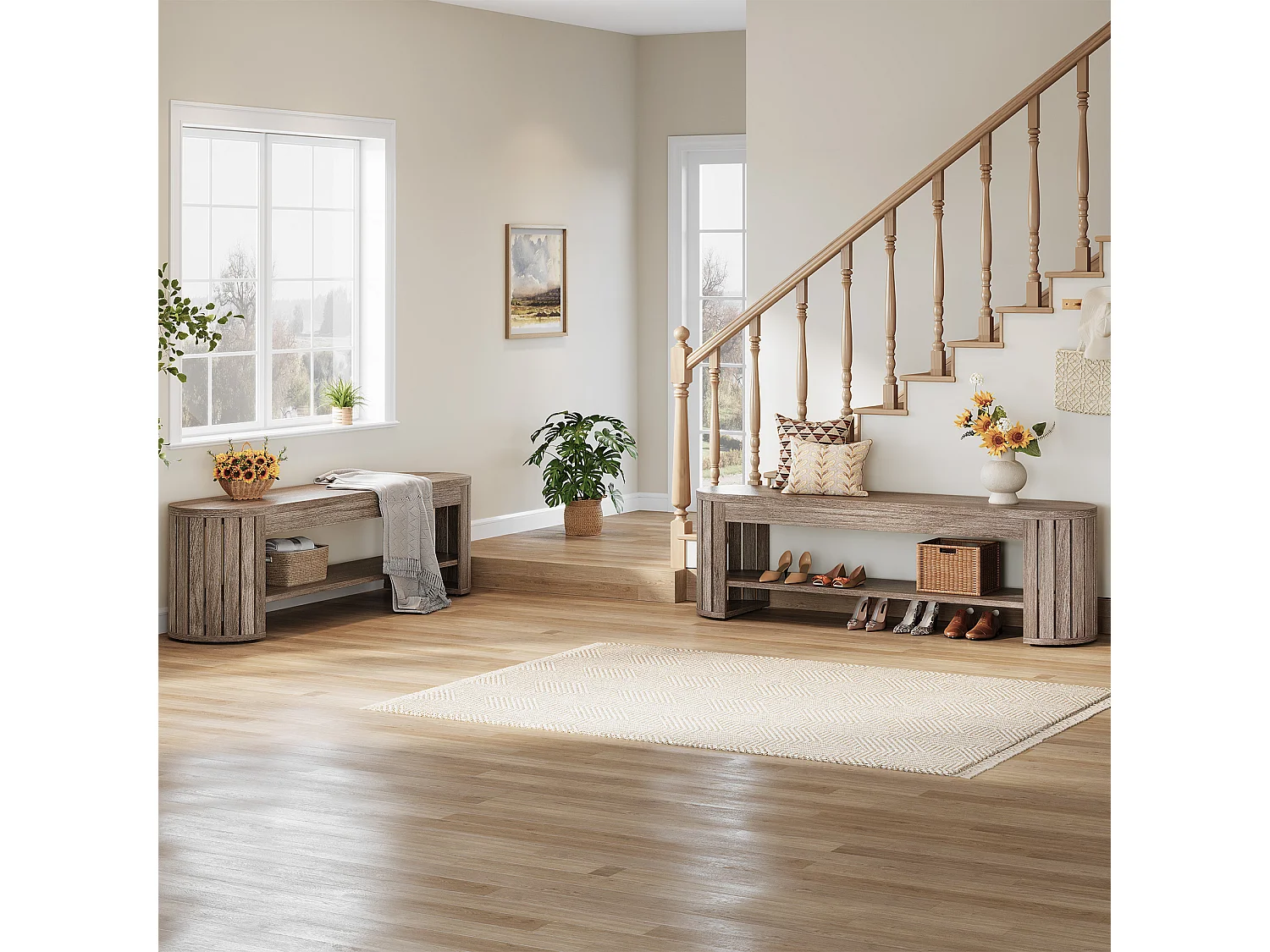 Banc De Rangement Pour Chaussures 160 Cm, Banc D'entrée étroit En Bois à 2 Niveaux, Gris