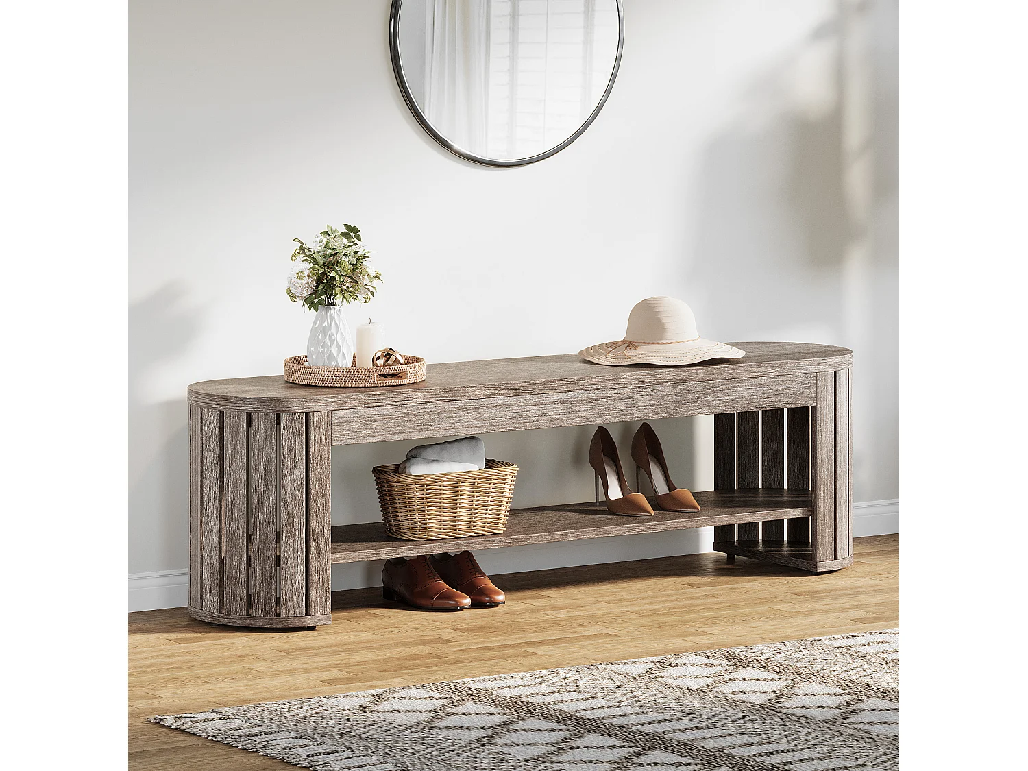 Banc De Rangement Pour Chaussures 160 Cm, Banc D'entrée étroit En Bois à 2 Niveaux, Gris