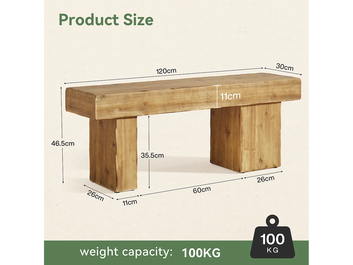 120 cm massiv bänk i gran, lantlig entrébänk i naturlig färg