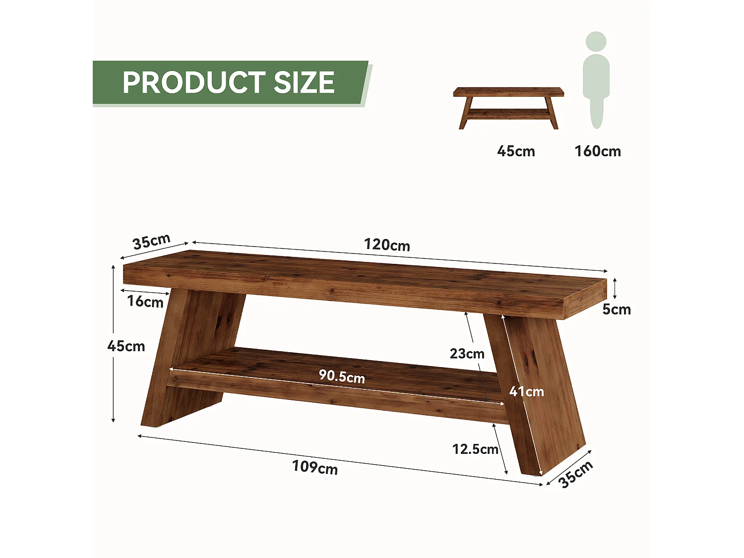 120 cm massivt träbänk för entrén, förvaringsbänk i trä med 2 våningar, lantlig stil