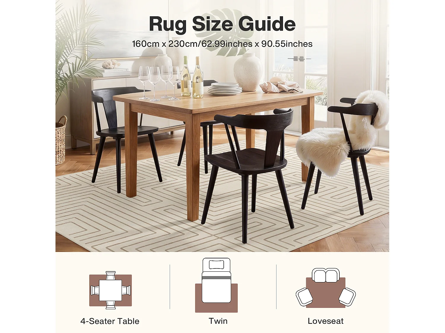 Tapis modernes pour salon - Tapis géométriques lavables - 160 x 230 cm Beige