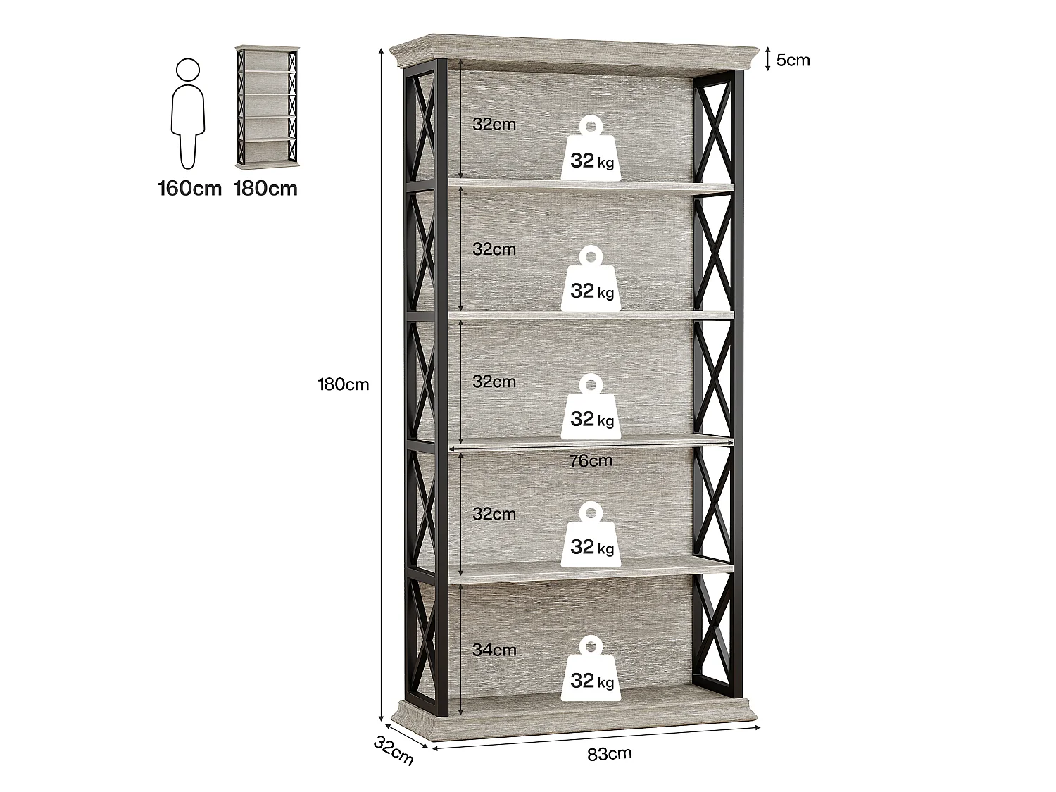 Bibliothèque de 180 cm de haut, étagère grise à 5 niveaux, grande étagère, autoportante
