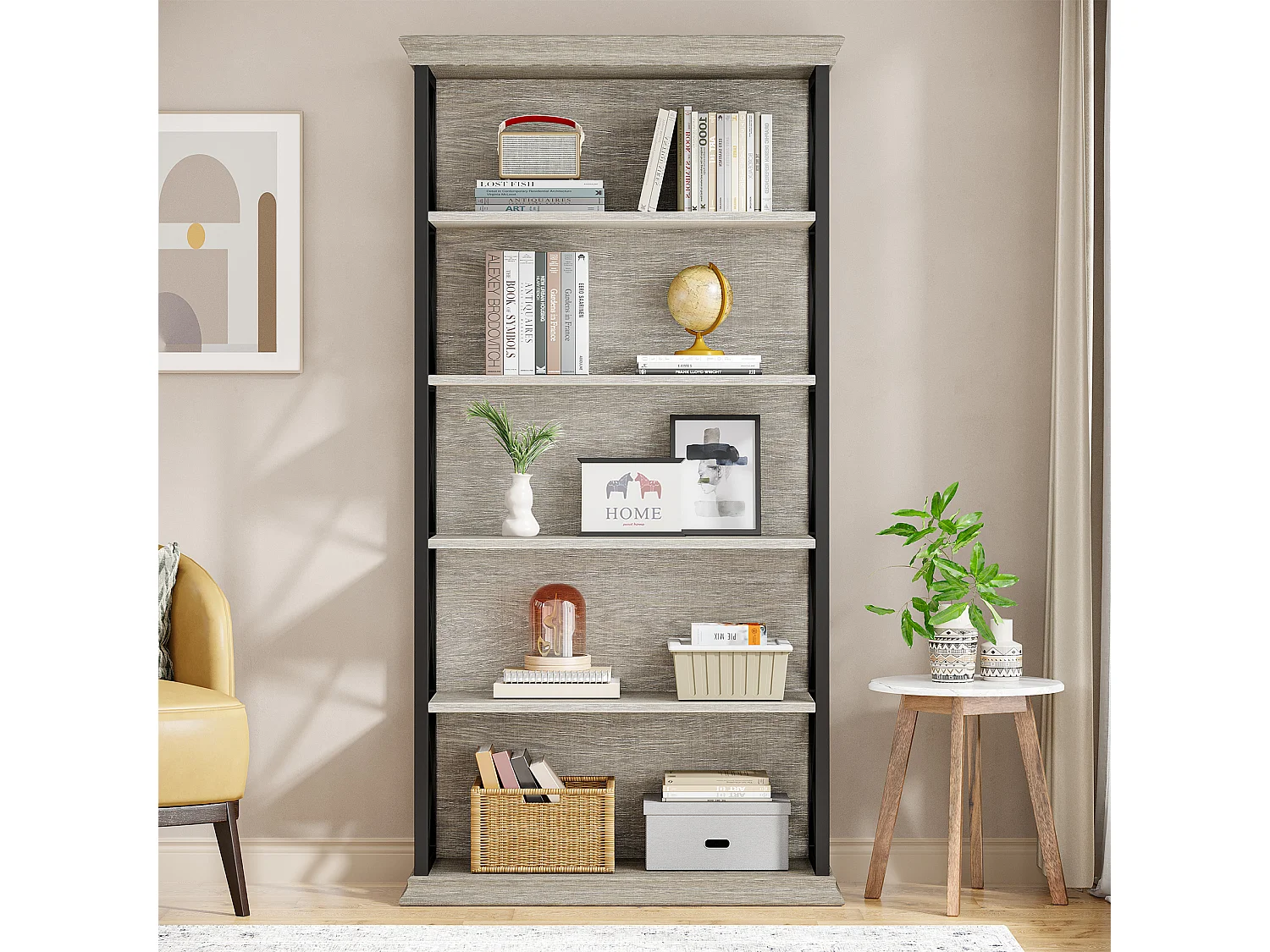 Bibliothèque de 180 cm de haut, étagère grise à 5 niveaux, grande étagère, autoportante