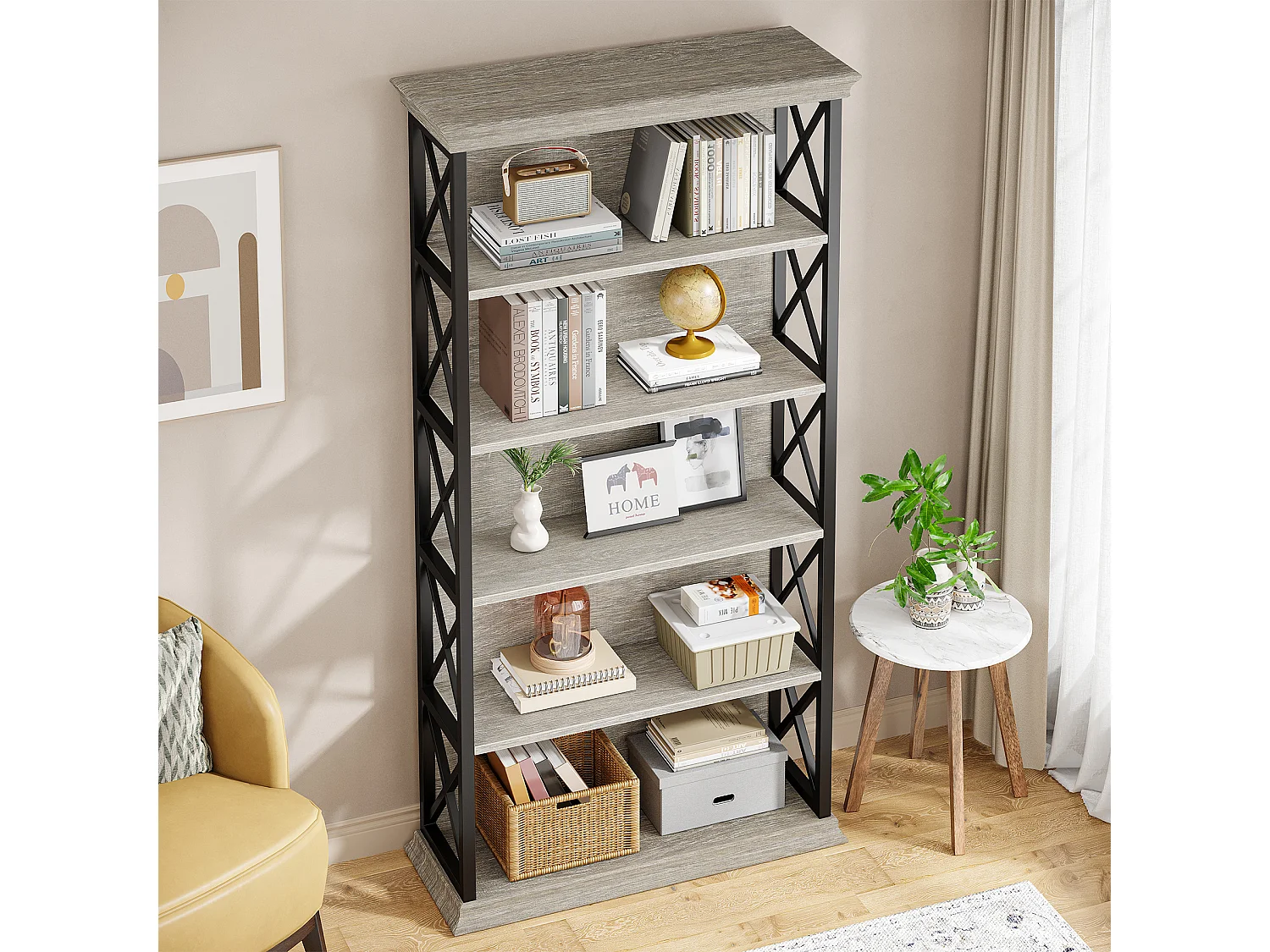 Bibliothèque de 180 cm de haut, étagère grise à 5 niveaux, grande étagère, autoportante