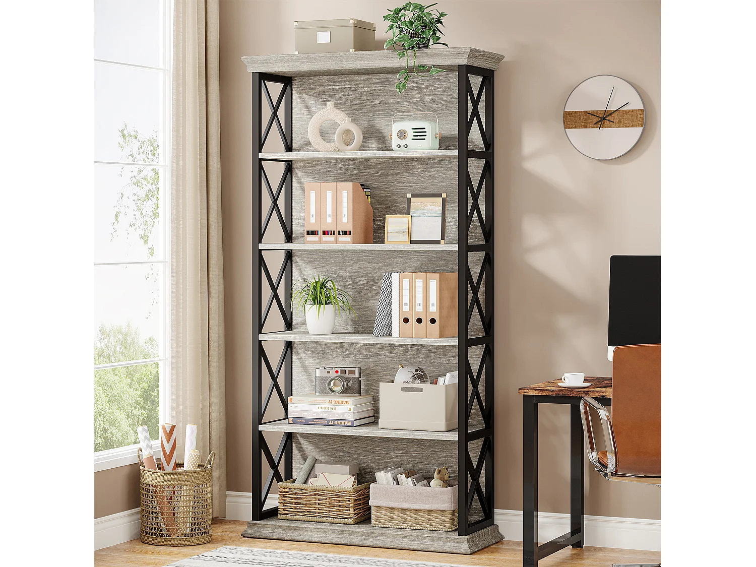 Bibliothèque de 180 cm de haut, étagère grise à 5 niveaux, grande étagère, autoportante