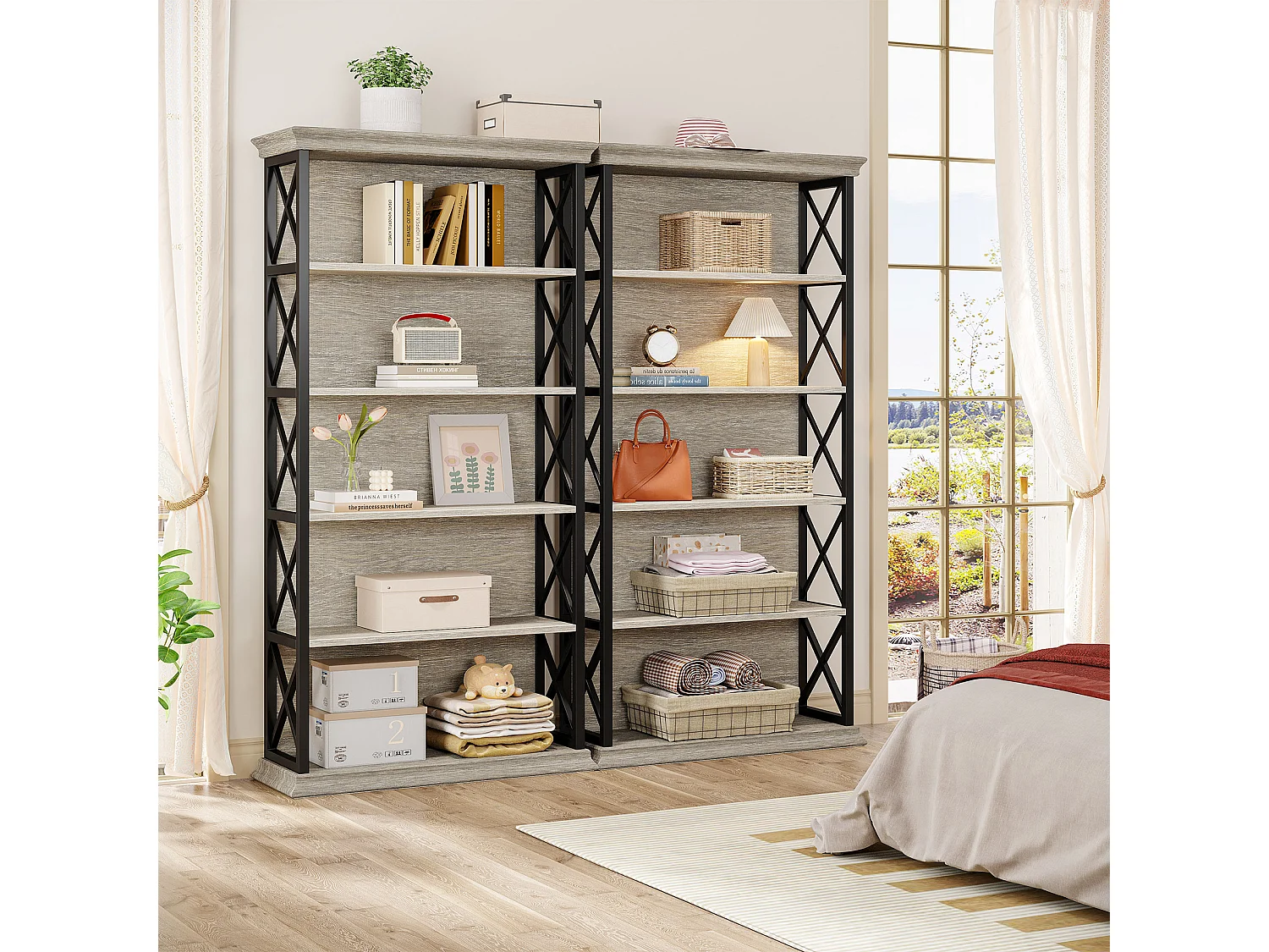 Bibliothèque de 180 cm de haut, étagère grise à 5 niveaux, grande étagère, autoportante