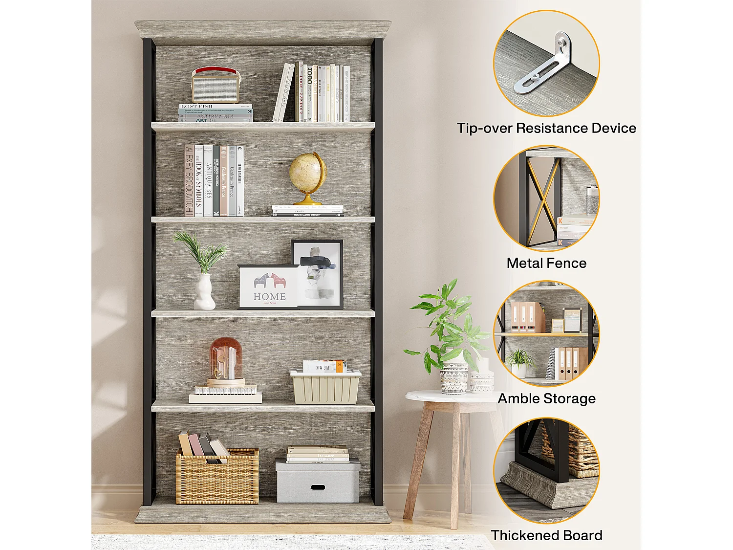 Bibliothèque de 180 cm de haut, étagère grise à 5 niveaux, grande étagère, autoportante