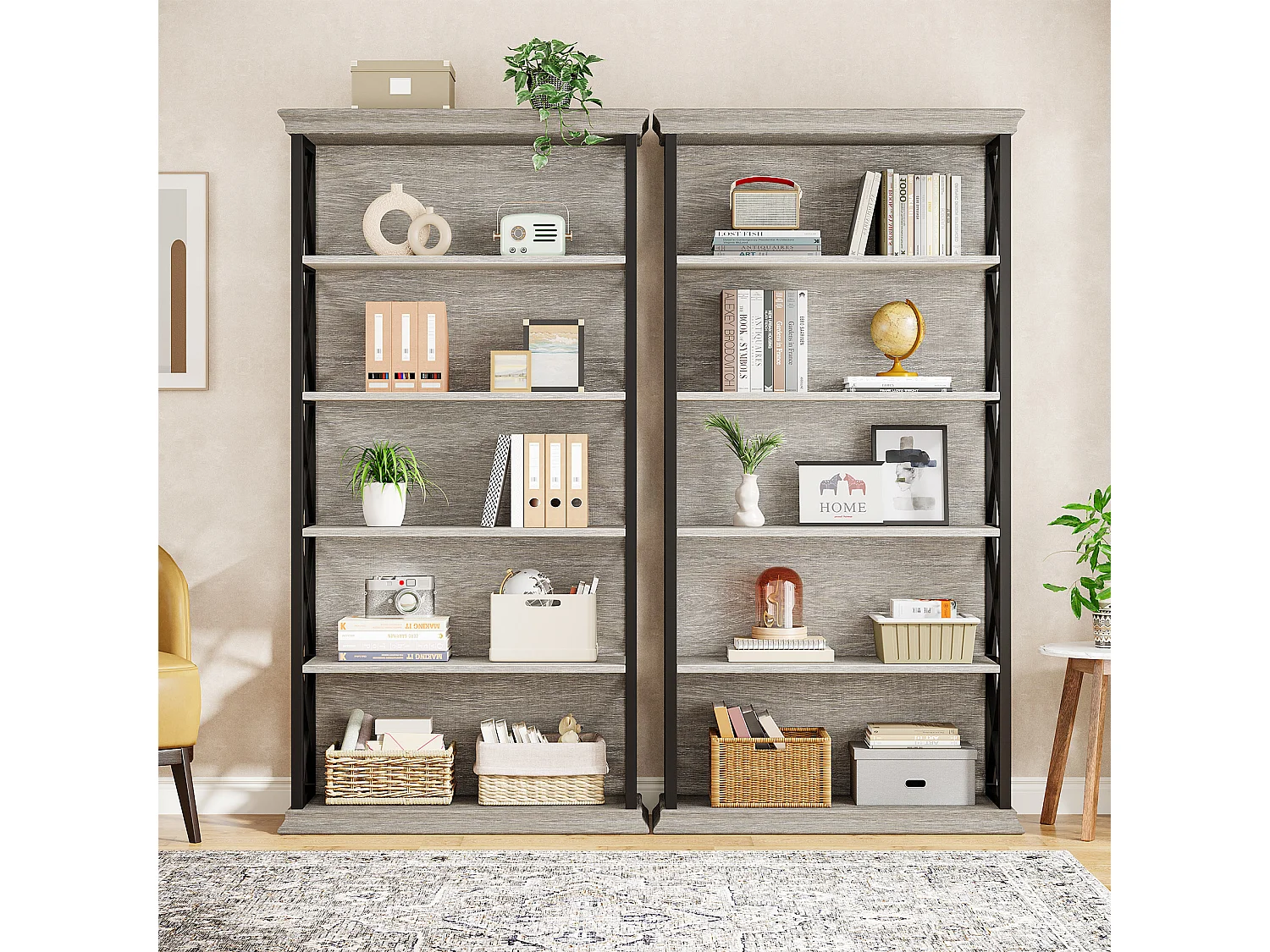 Bibliothèque de 180 cm de haut, étagère grise à 5 niveaux, grande étagère, autoportante