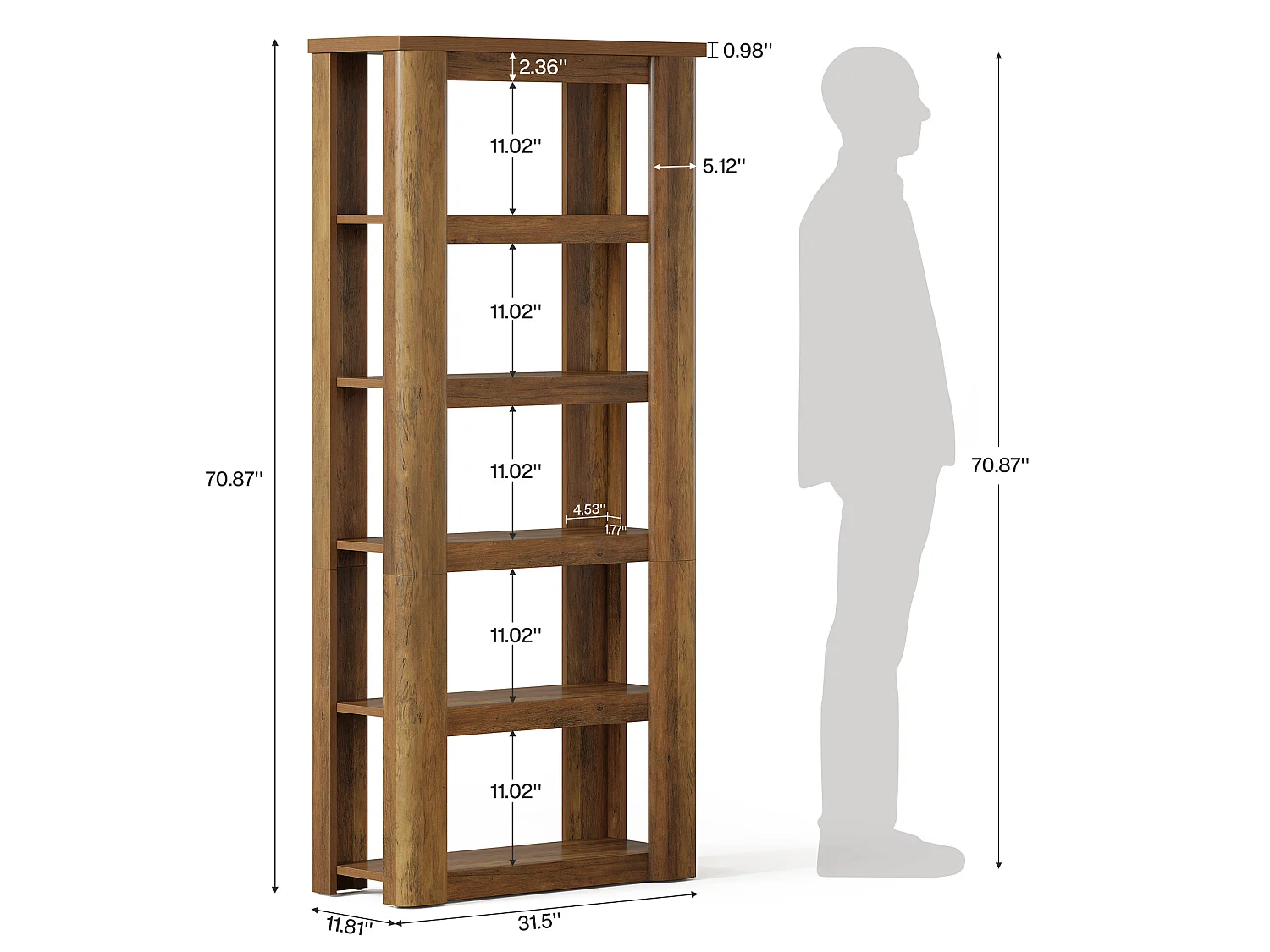 Étagère à livres à 6 niveaux de 180 cm de haut, bibliothèque ouverte rustique, bibliothèque vintage, étagères de rangement sur pied