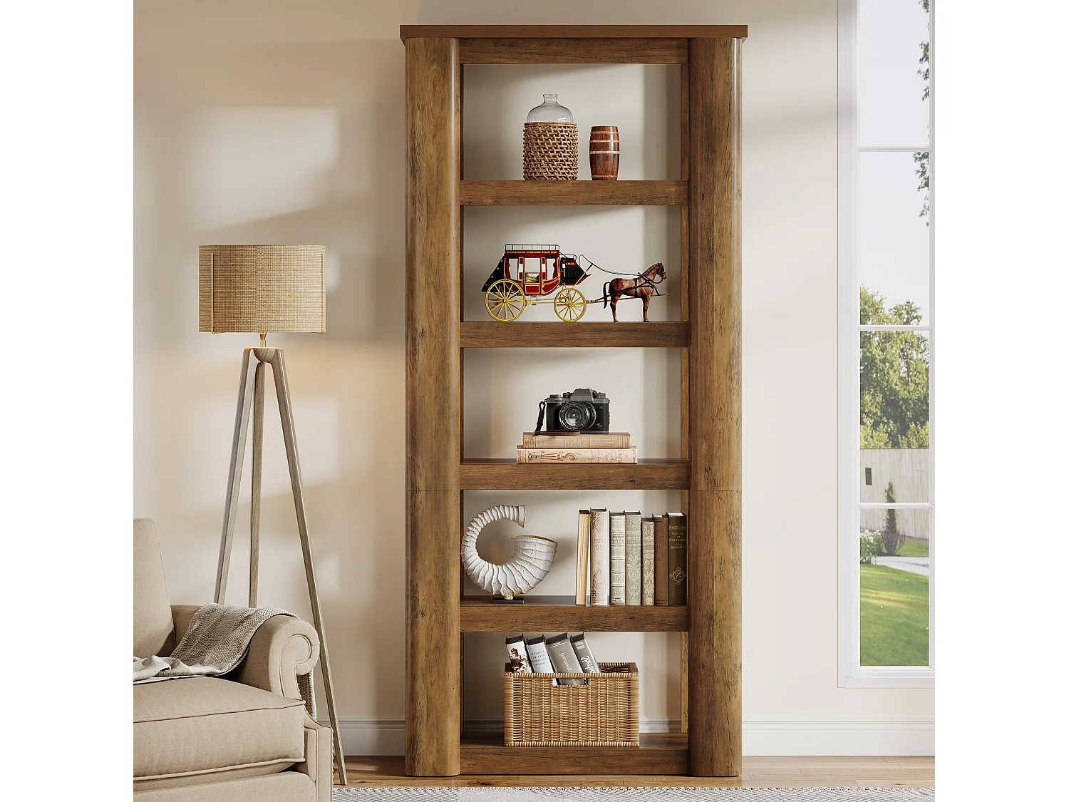 Étagère à livres à 6 niveaux de 180 cm de haut, bibliothèque ouverte rustique, bibliothèque vintage, étagères de rangement sur pied