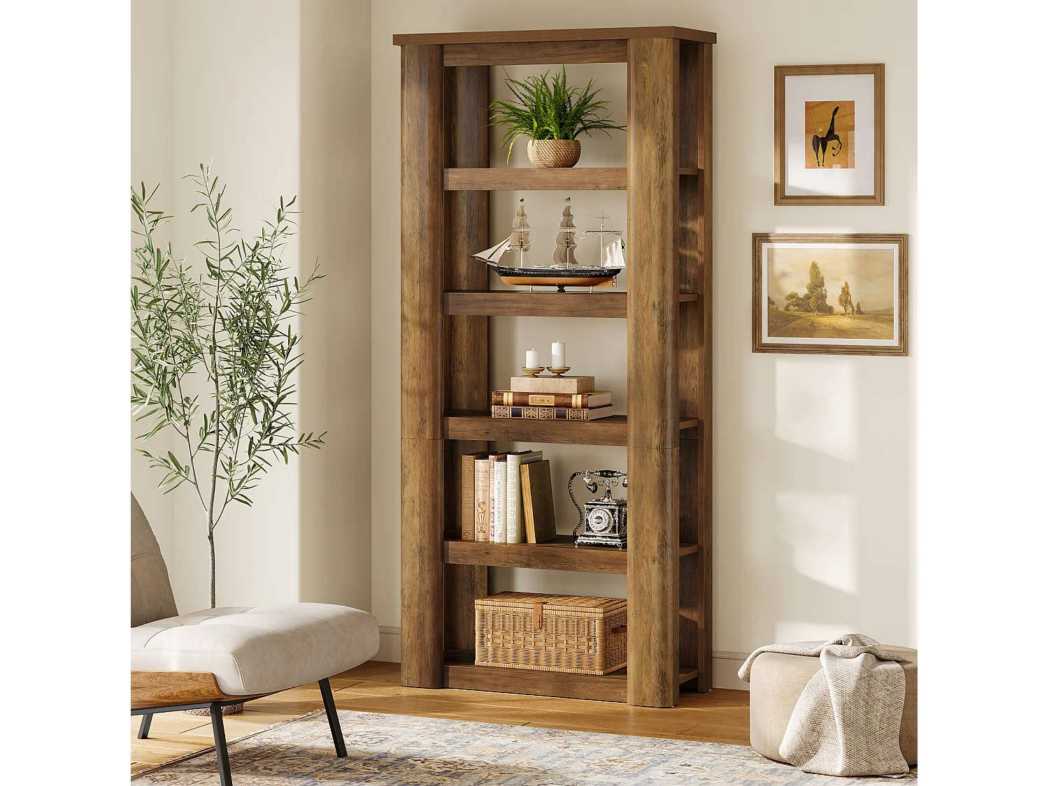 Étagère à livres à 6 niveaux de 180 cm de haut, bibliothèque ouverte rustique, bibliothèque vintage, étagères de rangement sur pied