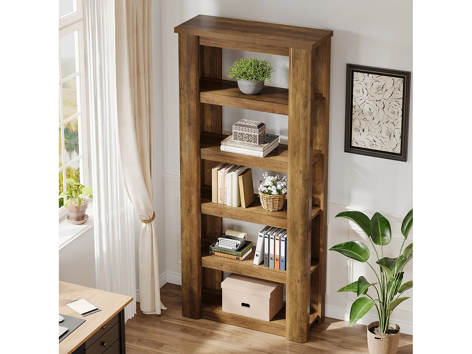 Étagère à livres à 6 niveaux de 180 cm de haut, bibliothèque ouverte rustique, bibliothèque vintage, étagères de rangement sur pied