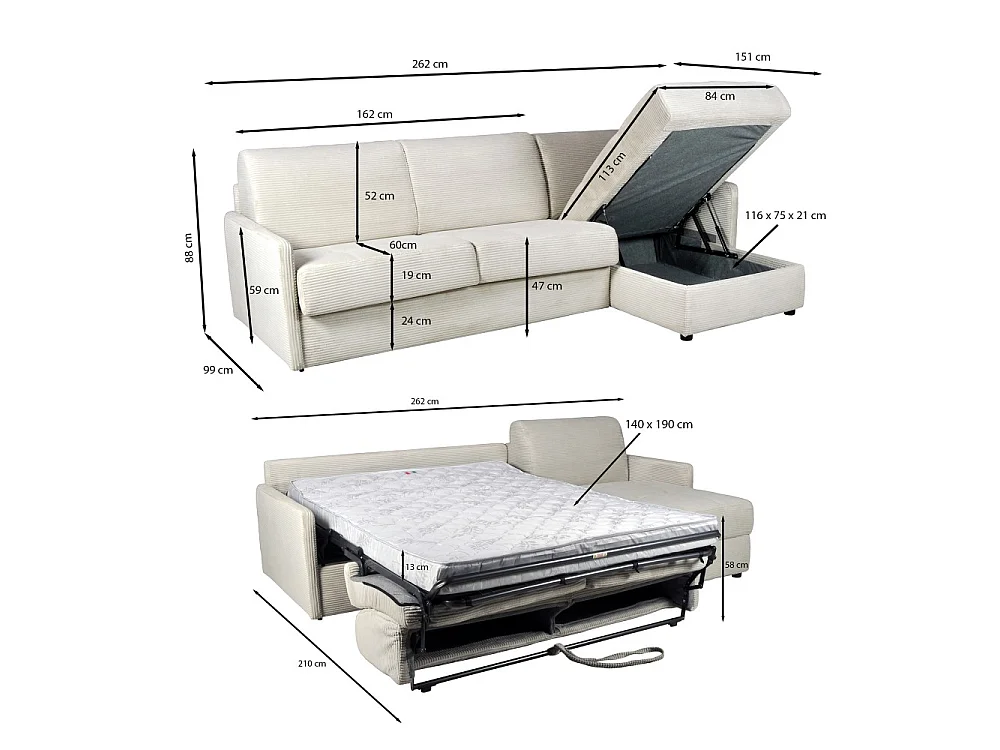 Canapé convertible Express réversible et coffre 4 places BERGAME en velours / Beige
