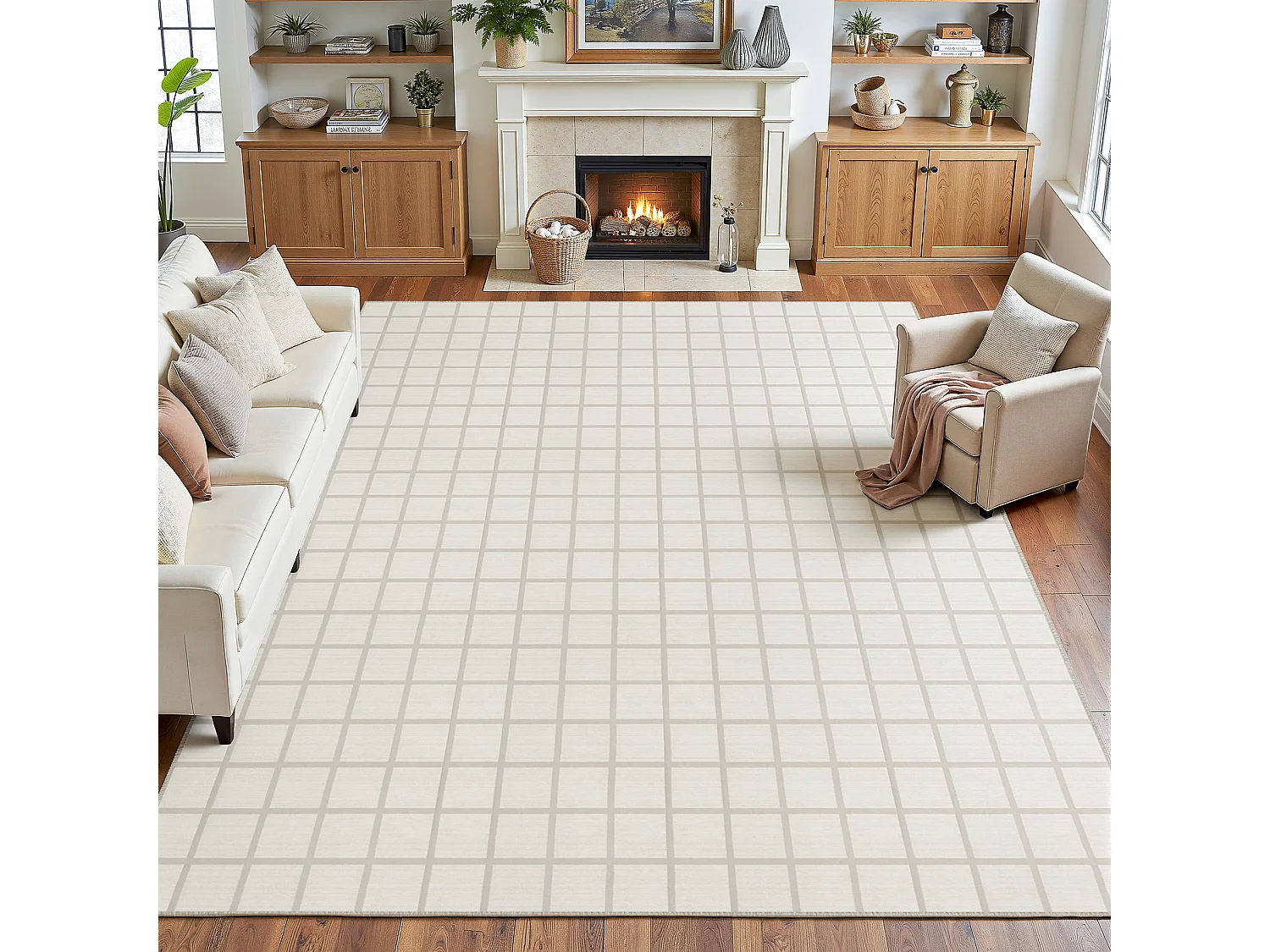 Moderne geruite vloerkleden voor de woonkamer - Wasbare vloerkleden - 200x300 cm Beige