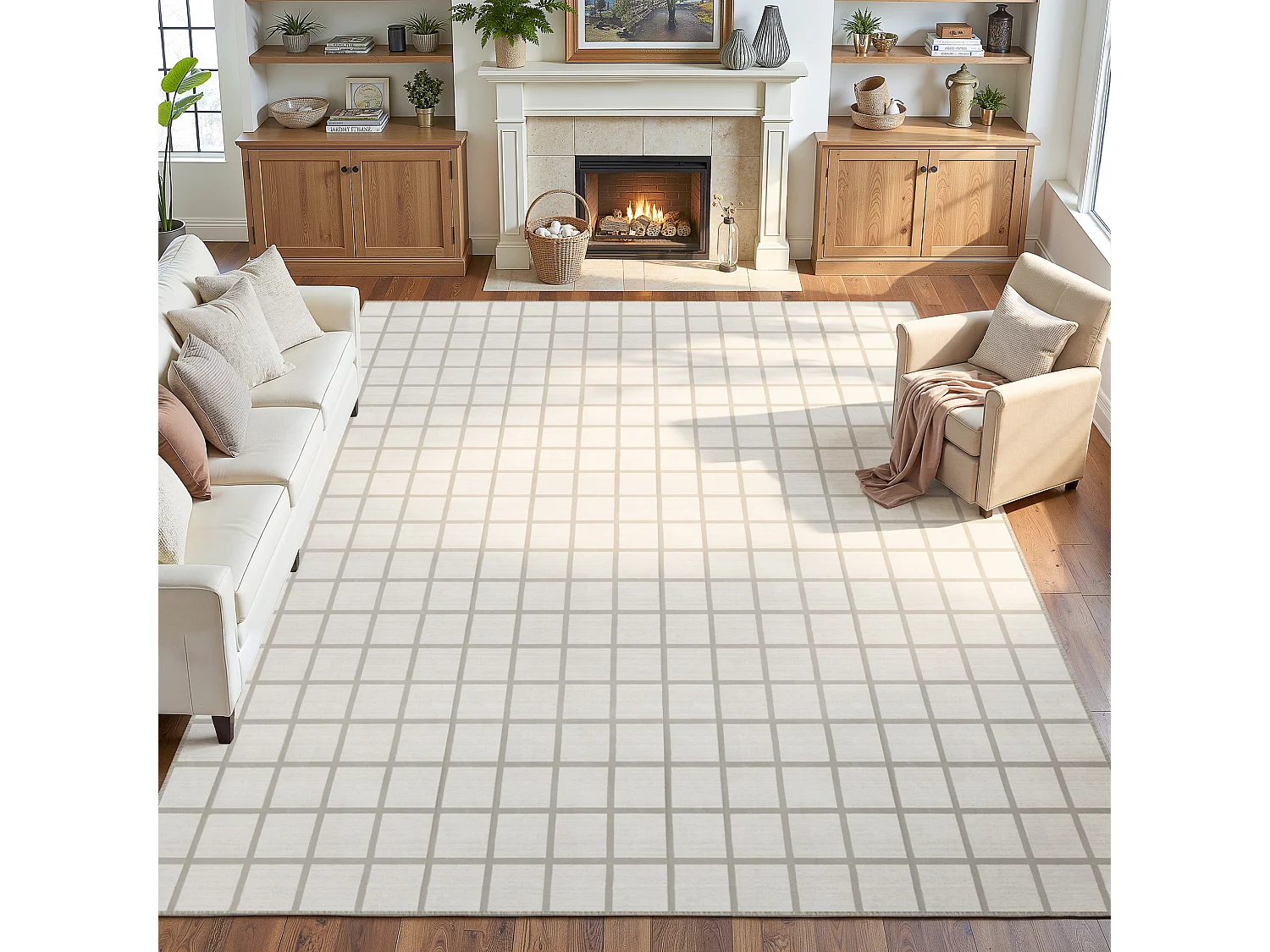 Moderne geruite vloerkleden voor de woonkamer - Wasbare vloerkleden - 200x300 cm Beige