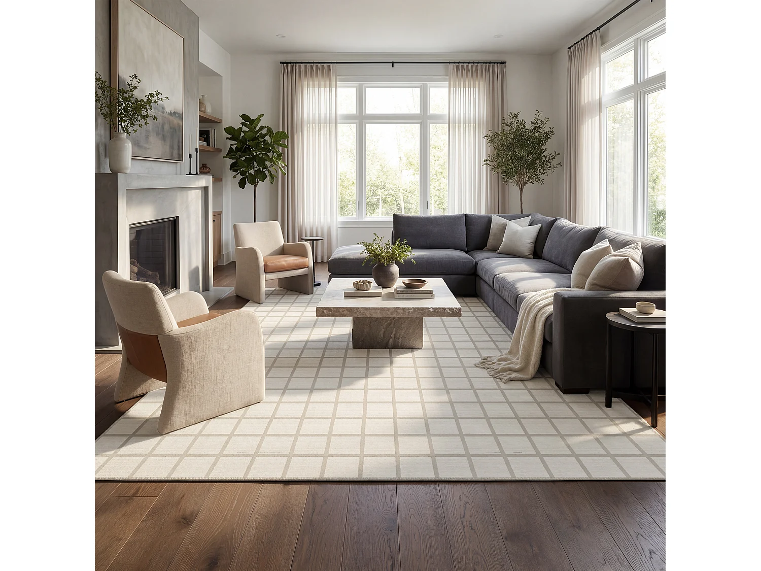 Moderne geruite vloerkleden voor de woonkamer - Wasbare vloerkleden - 200x300 cm Beige