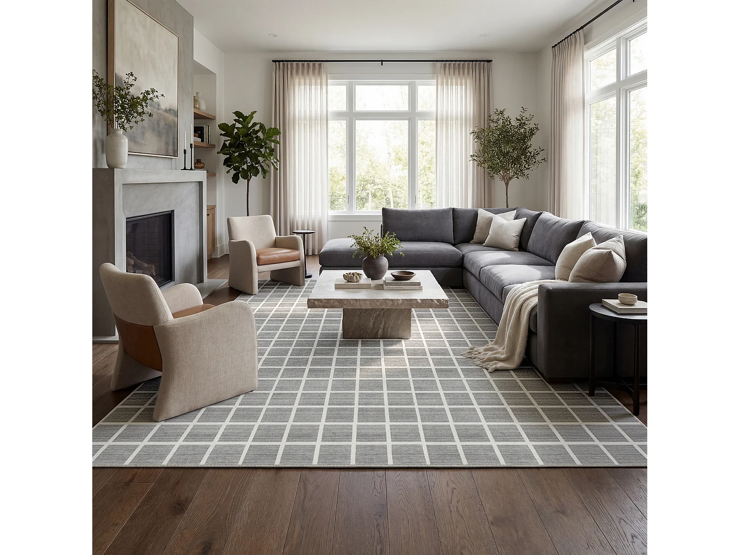 Moderne geruite vloerkleden voor de woonkamer - Wasbare vloerkleden - 200x300 cm Grijs