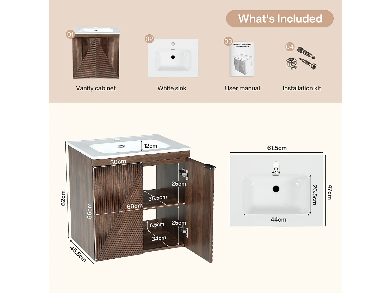 Meuble Simple Vasque 60cm à Suspendre + Lavabo en céramique, 2 portes, marron rustique