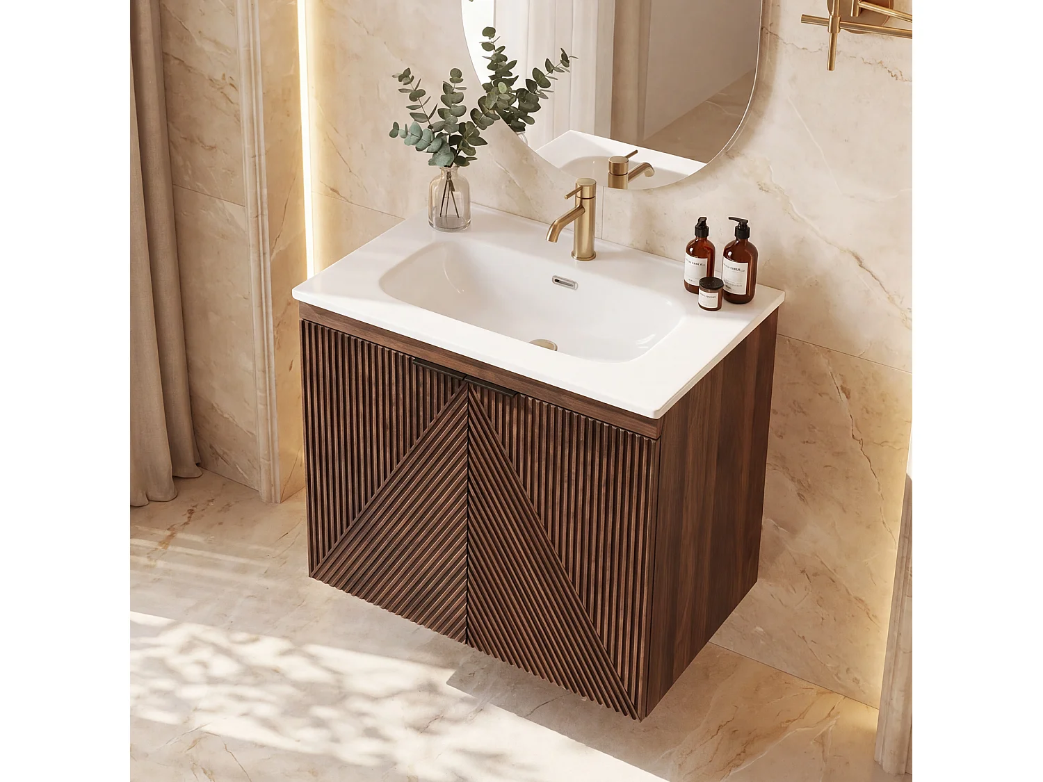 Meuble Simple Vasque 60cm à Suspendre + Lavabo en céramique, 2 portes, marron rustique