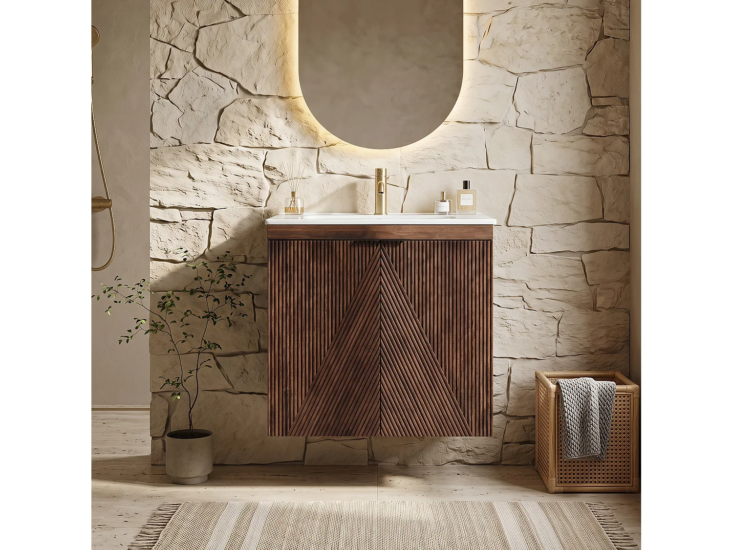 Meuble Simple Vasque 60cm à Suspendre + Lavabo en céramique, 2 portes, marron rustique