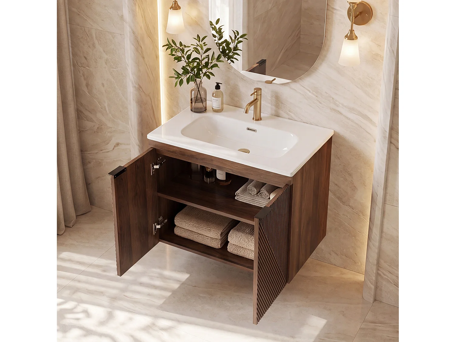 Meuble Simple Vasque 60cm à Suspendre + Lavabo en céramique, 2 portes, marron rustique