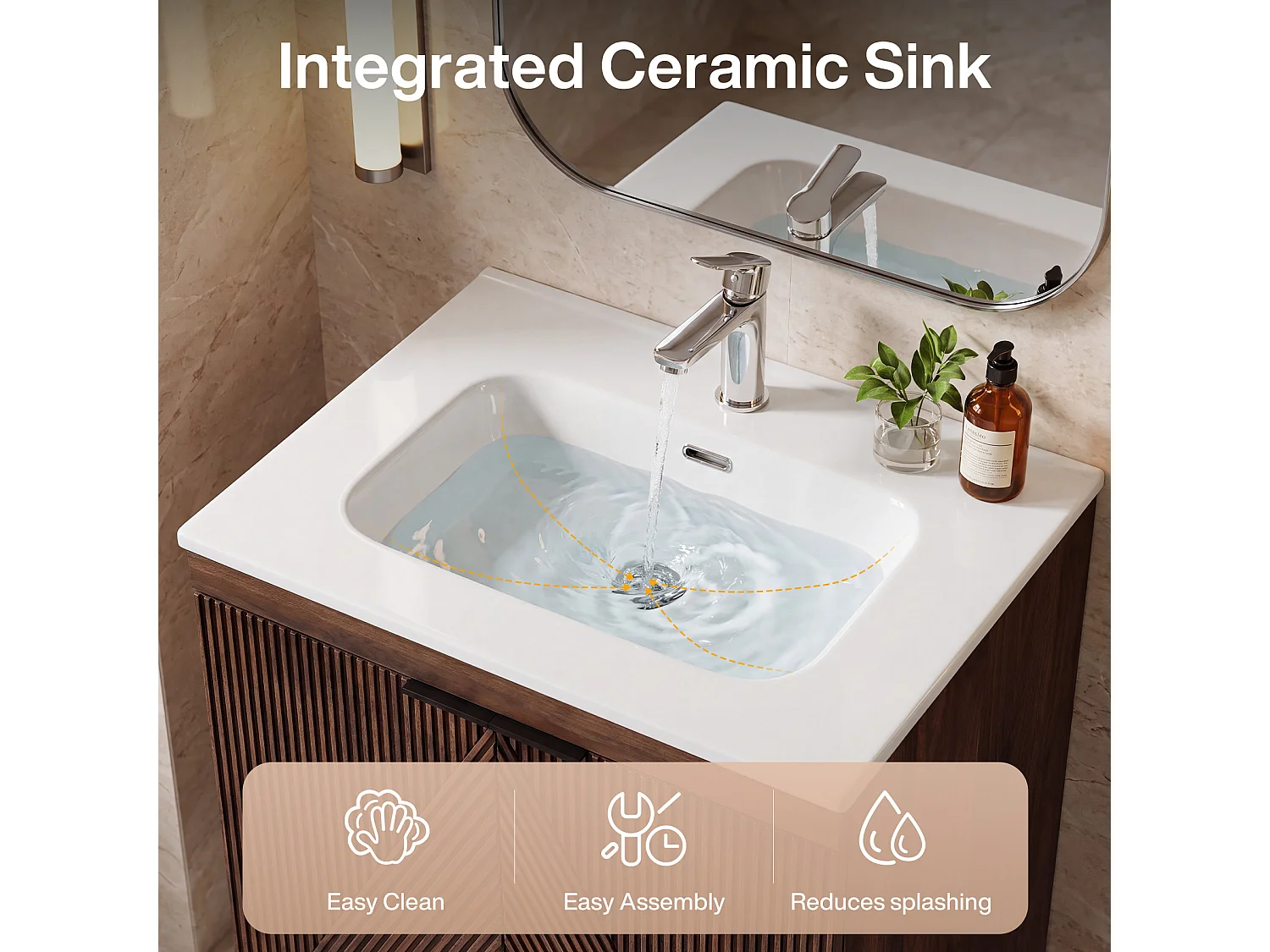 Meuble Simple Vasque 60cm à Suspendre + Lavabo en céramique, 2 portes, marron rustique