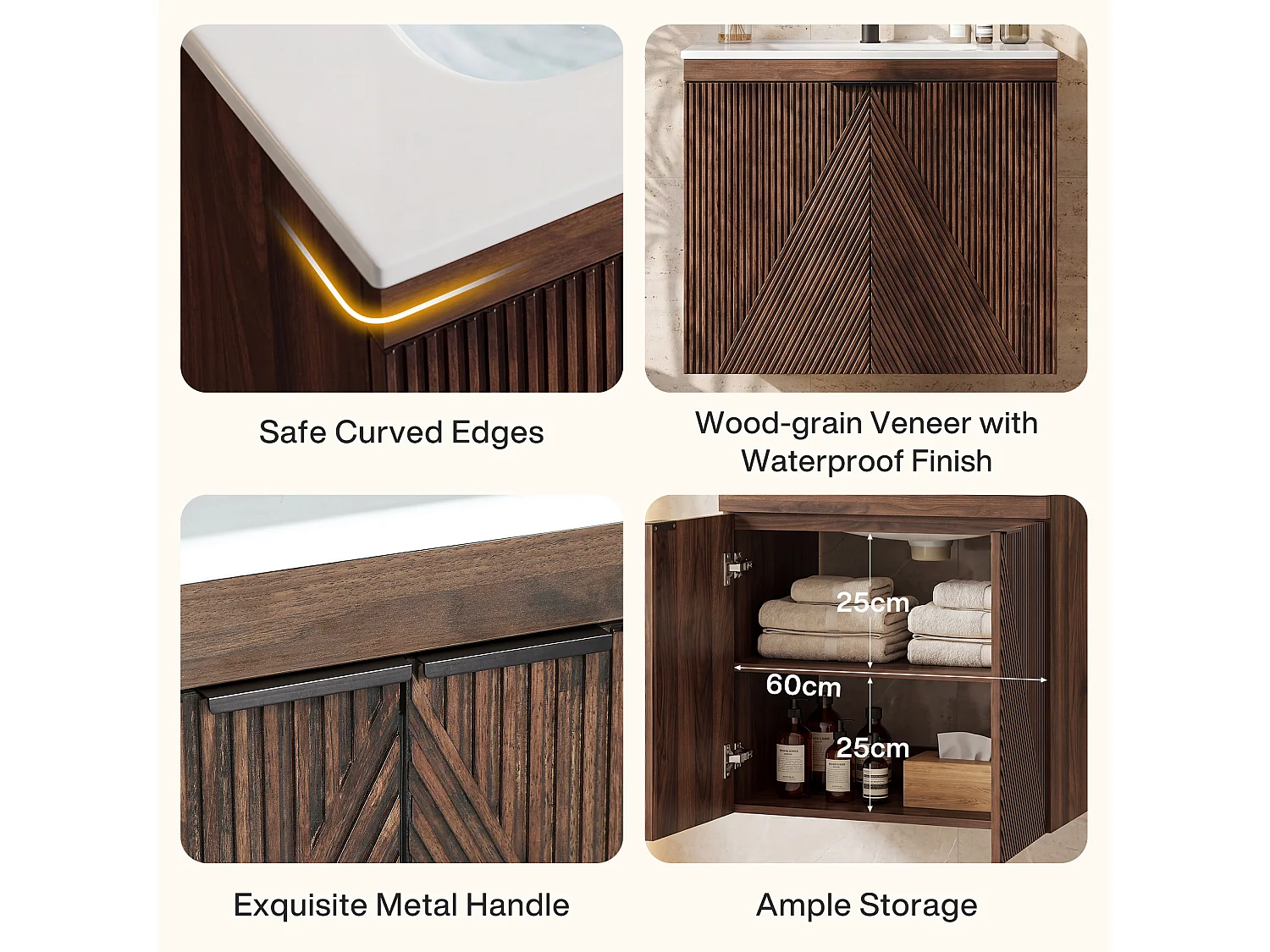 Meuble Simple Vasque 60cm à Suspendre + Lavabo en céramique, 2 portes, marron rustique