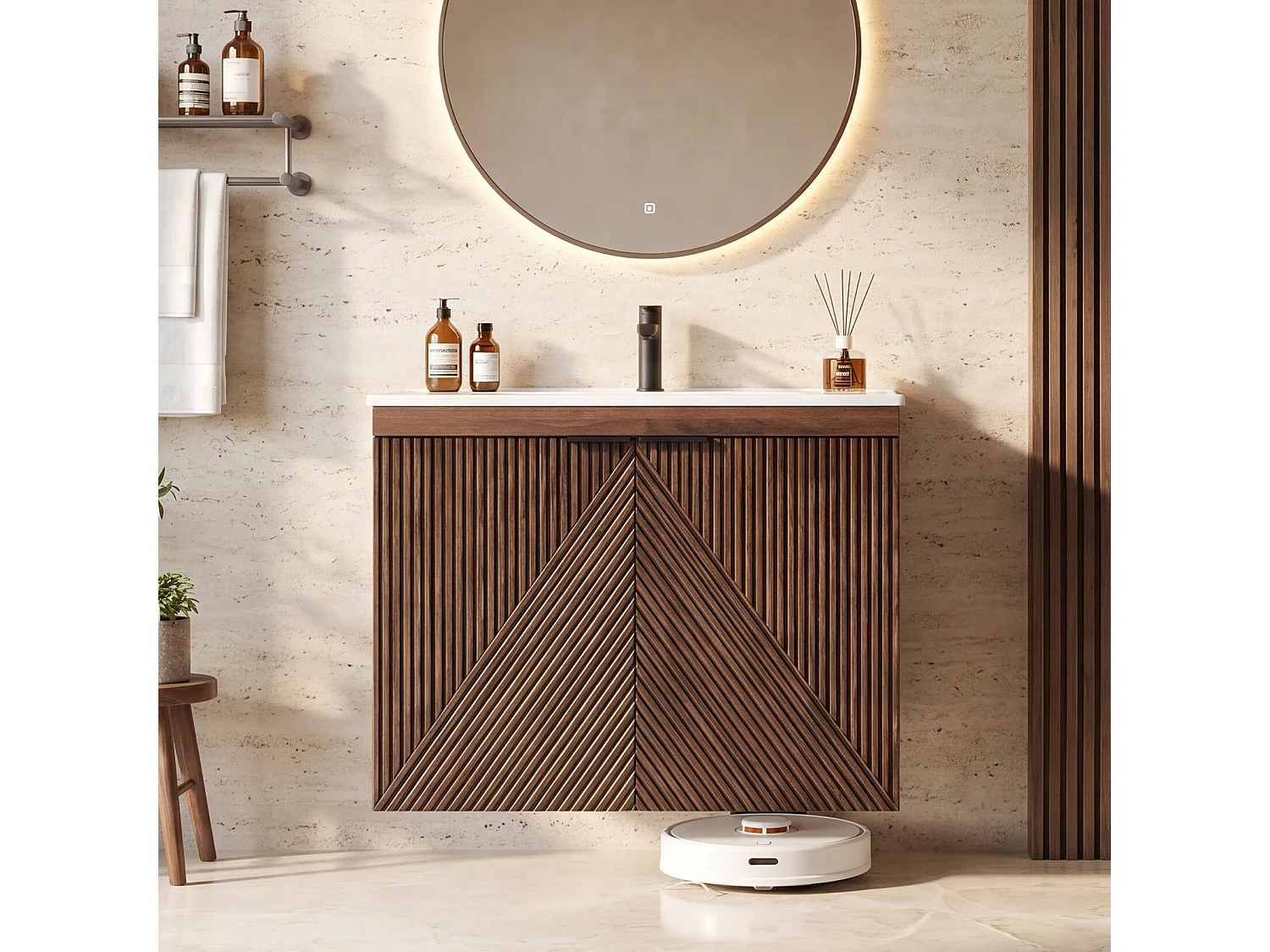 Meuble Simple Vasque 60cm à Suspendre + Lavabo en céramique, 2 portes, marron rustique