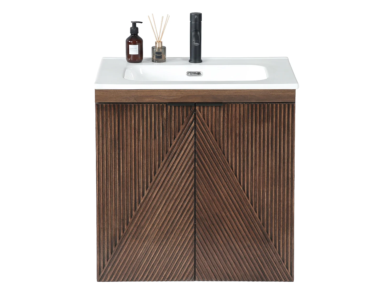 Meuble Simple Vasque 60cm à Suspendre + Lavabo en céramique, 2 portes, marron rustique
