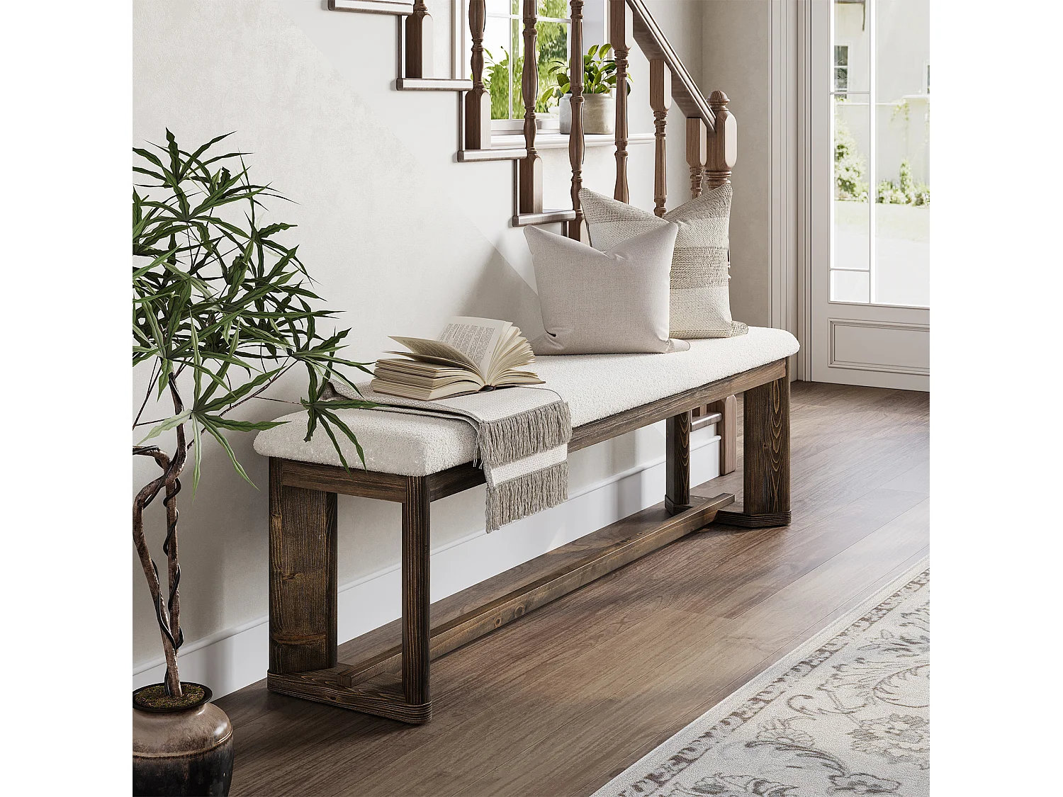 Entrébänk med sittdyna, sänggavlbänk, Bois massif 160 x 35 x 45 cm