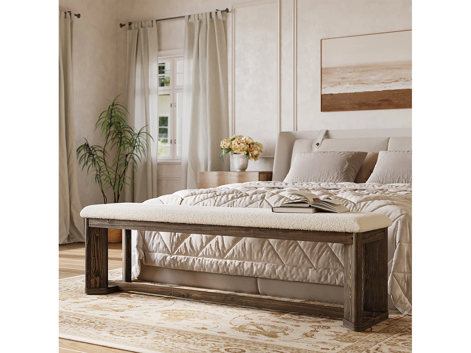 Entrébänk med sittdyna, sänggavlbänk, Bois massif 160 x 35 x 45 cm