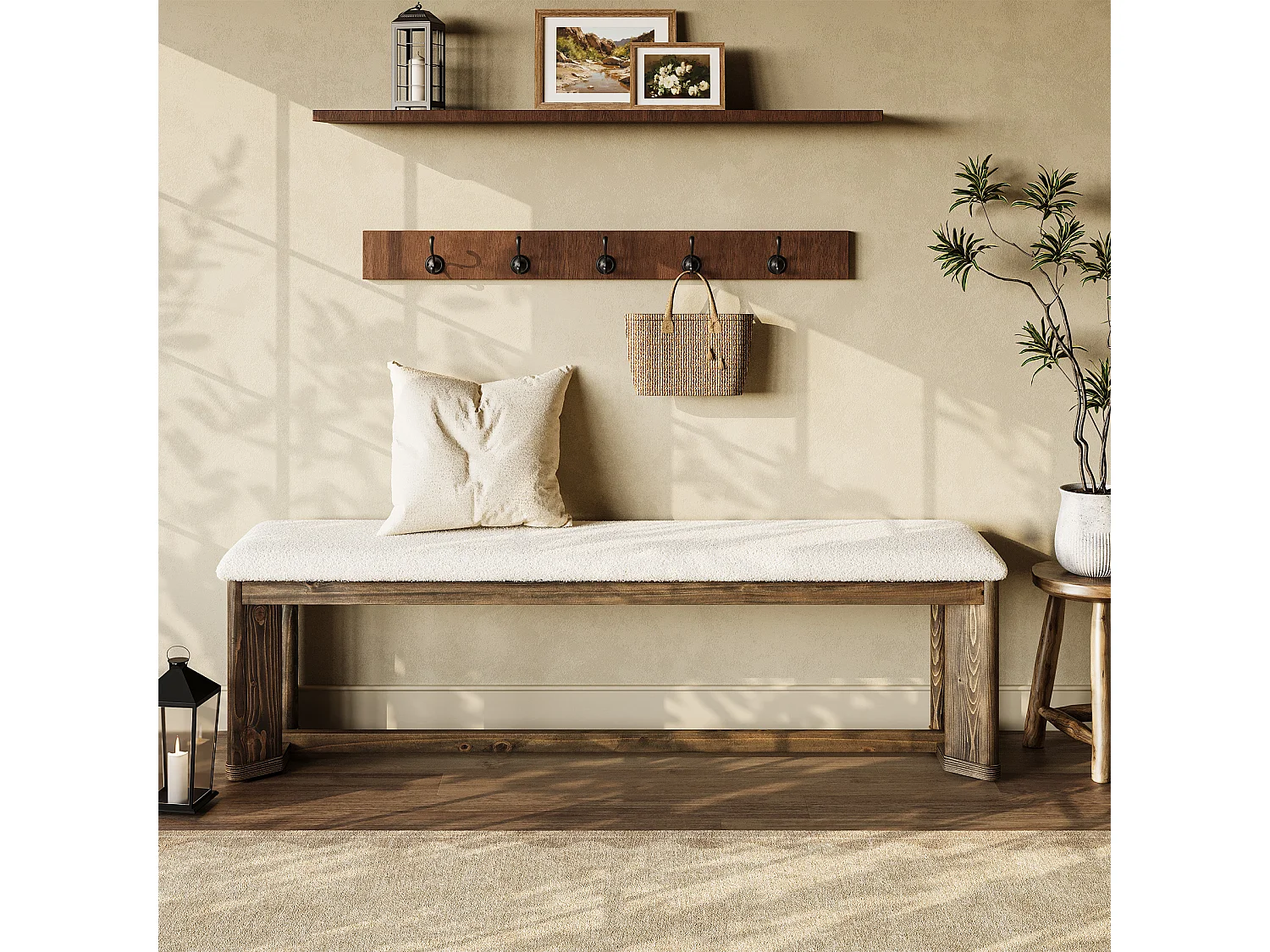 Entrébänk med sittdyna, sänggavlbänk, Bois massif 160 x 35 x 45 cm