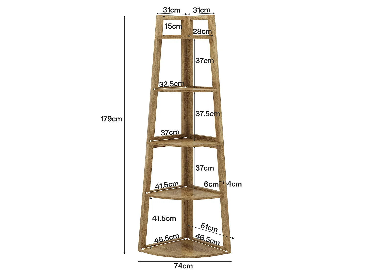 Étagère d'angle de 178 cm de haut, bibliothèque d'angle moderne à 5 niveaux, étagère d'angle industrielle avec support pour plantes
