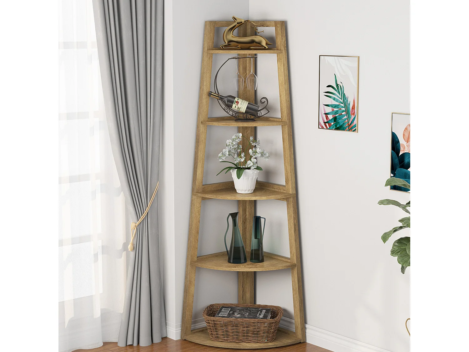 Étagère d'angle de 178 cm de haut, bibliothèque d'angle moderne à 5 niveaux, étagère d'angle industrielle avec support pour plantes