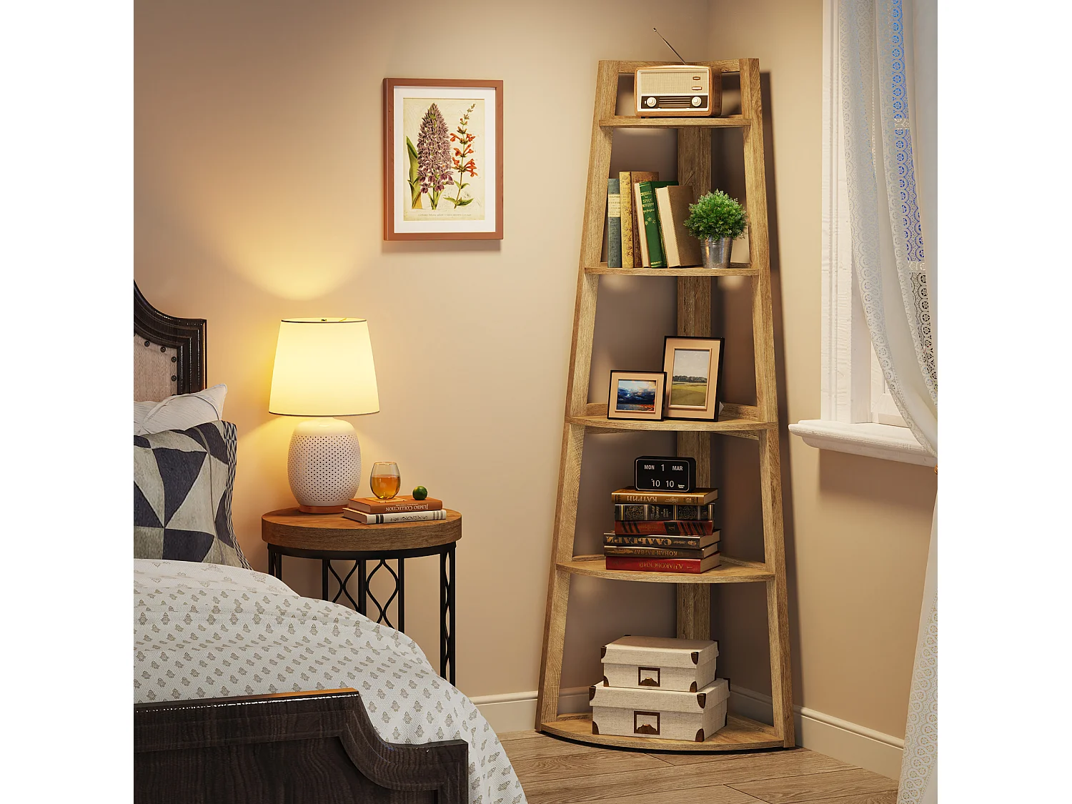 Étagère d'angle de 178 cm de haut, bibliothèque d'angle moderne à 5 niveaux, étagère d'angle industrielle avec support pour plantes