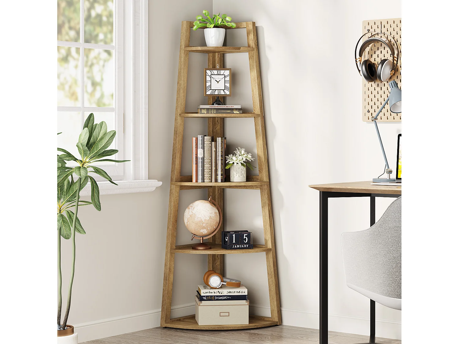 Étagère d'angle de 178 cm de haut, bibliothèque d'angle moderne à 5 niveaux, étagère d'angle industrielle avec support pour plantes