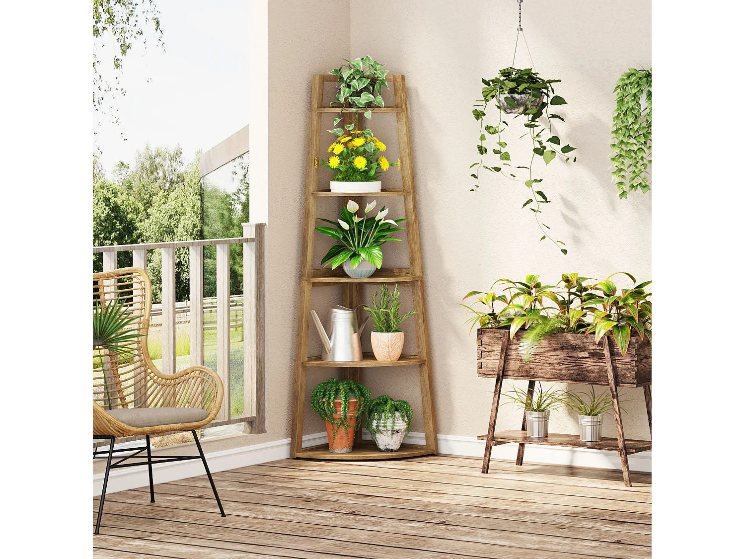 Étagère d'angle de 178 cm de haut, bibliothèque d'angle moderne à 5 niveaux, étagère d'angle industrielle avec support pour plantes